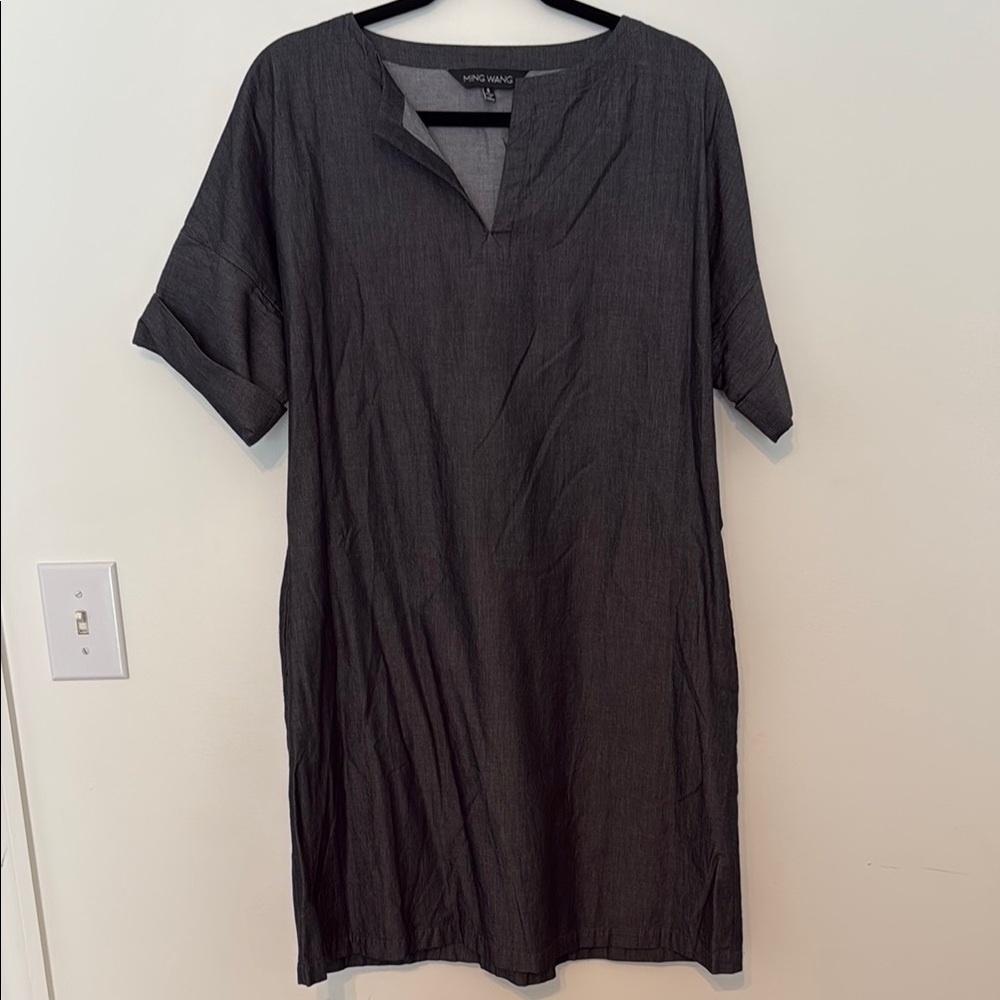 Ming Wang Gray Split Neck Cotton Shift Dress - image 4